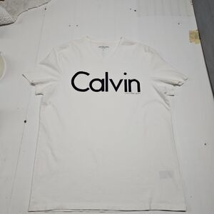 Calvin klein Europe V Neck T shirt Mens Large white Shiny logo tee